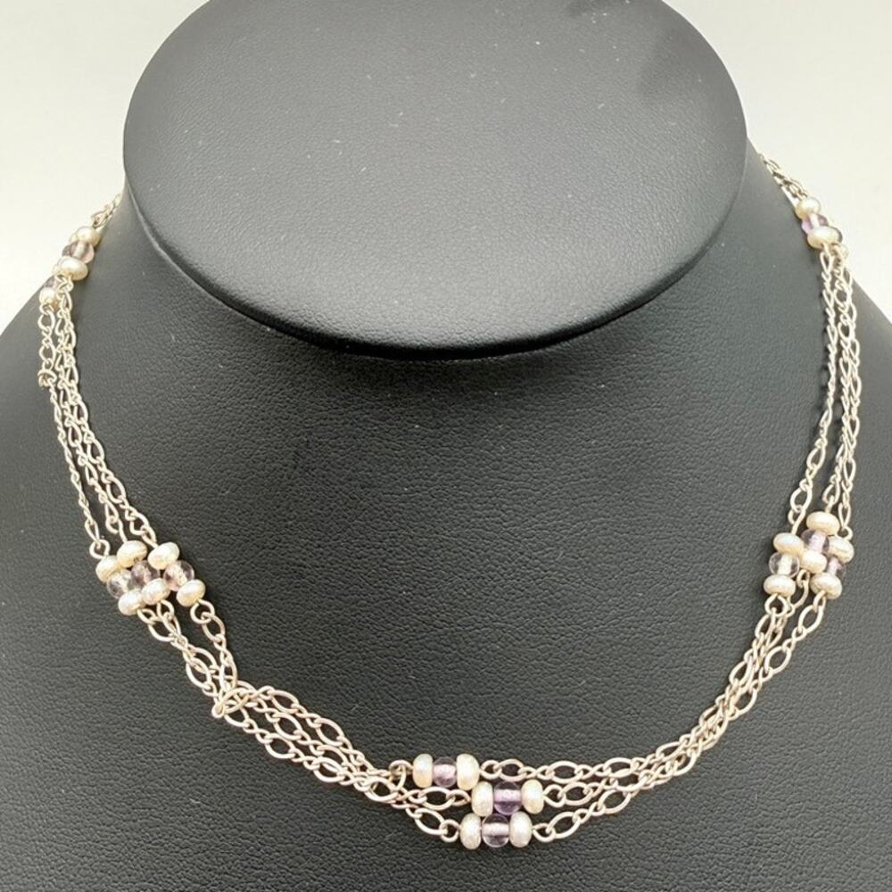 Vintage 925 Silver 3 Strand Figaro Chain Necklace Pearl Amethyst Beads 14"